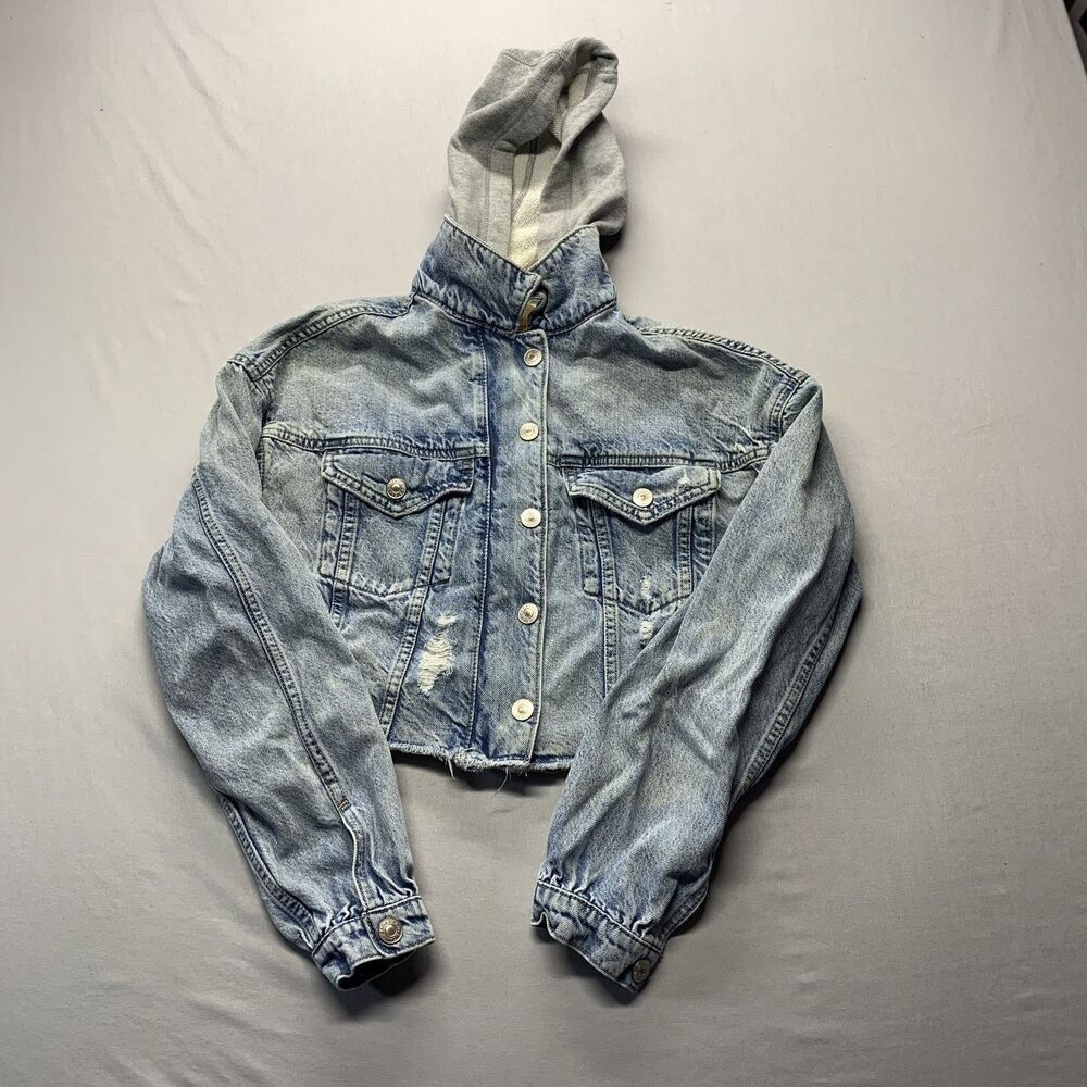 Y2K American Eagle Outfitters Denim Jacket Womens XXS Hooded Distressed Cropped